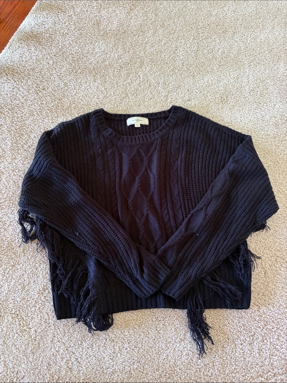 Fringed Cable Crewneck Sweater in Black